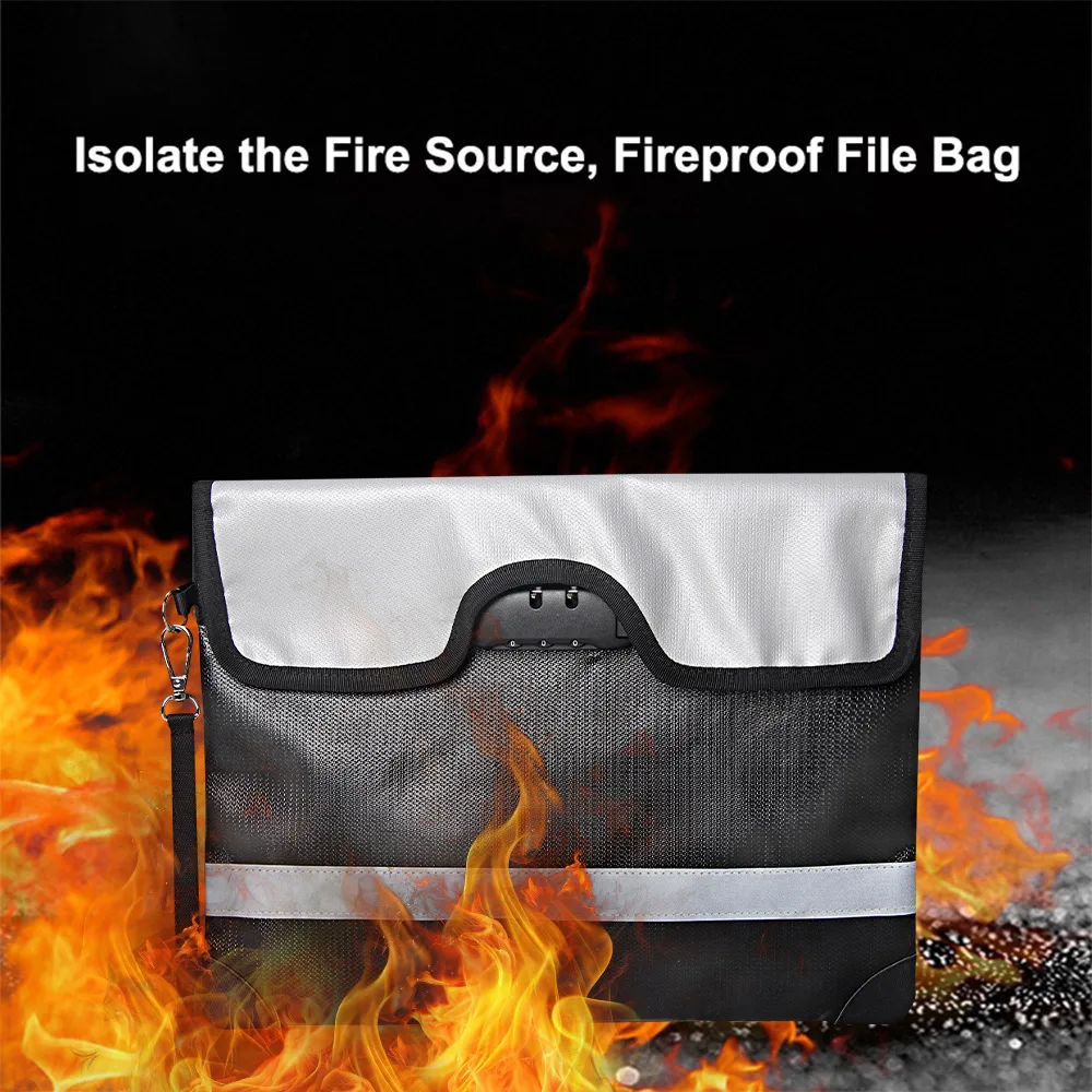 Fireproof Document Bag w/ Lock Zipper Safe Document Fireproof Money Bag Travel Information Document Organizer Wear-resistant Bag