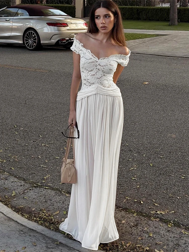 

Trendix Lace Embroidery Long Dress For Women's 2026 New Mesh Sheer Maxi Dresses Party Sexy Off Shoulder Patchwork Elegant Dress