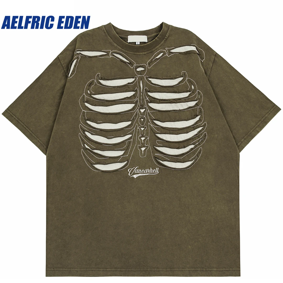 Aelfric Eden Skeleton Graphic Embroidery Ripped T Shirt 2023 Streetwear Tshirt Oversized Cotton T-Shirt Hip Hop Loose Tops Tees