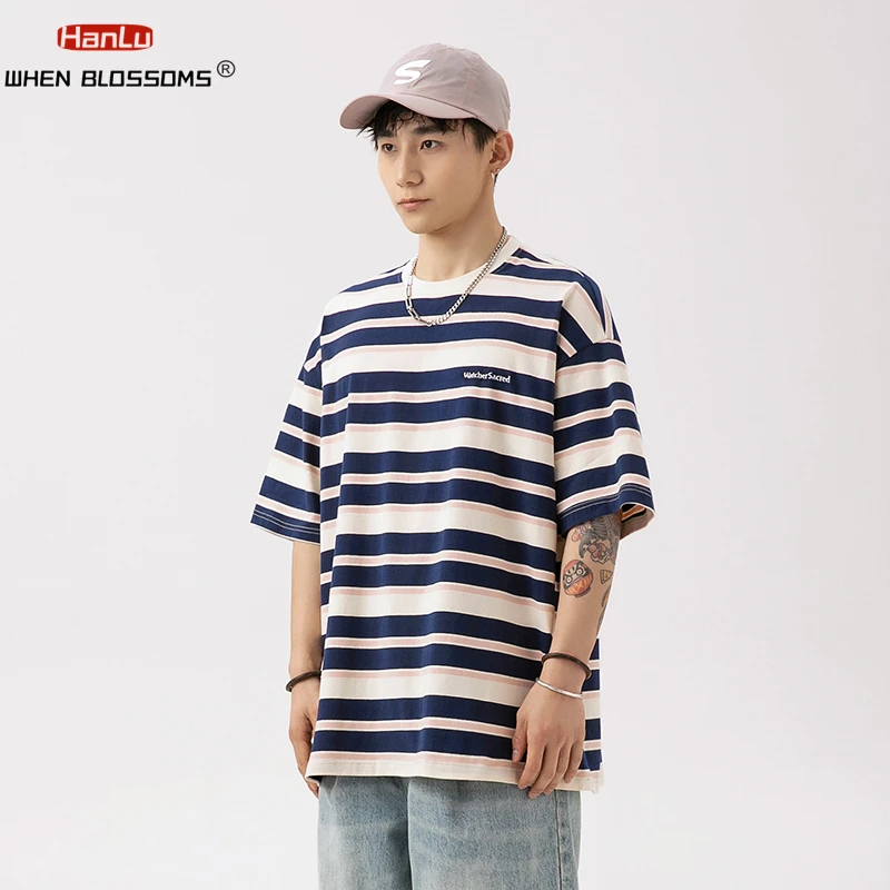 Retro Red Striped Short Sleeve T-shirt For Men Women\'s Summer Oversized Loose Letter Embroidery Trendy Brand T-shirt