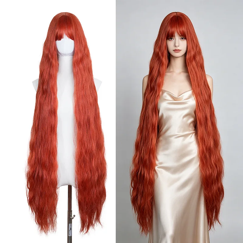 47.2-inch Long Wavy Synthetic Wig for Women in Red Brown, Cosplay Lolita Wig with Bangs, Natural Hairstyle, Heat-Resistant Fiber