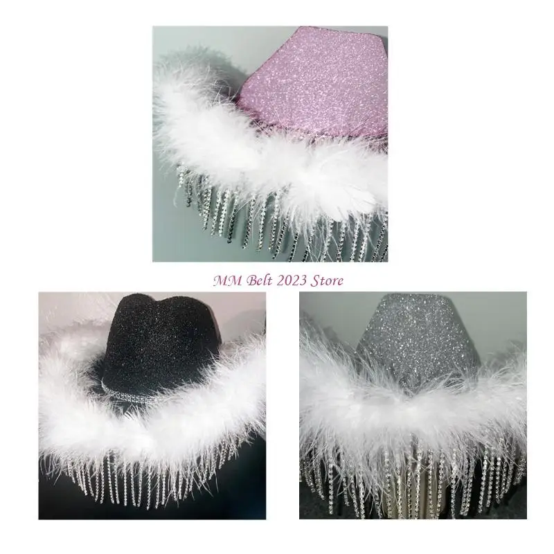 Chapéu cowgirl com penas, 49me, noiva, casamento, foto, adereços, verão, ar livre, mulher, menina, chapéu com borda