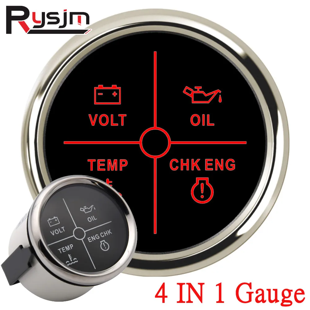 HD 52mm 2'' 4 LED Alarm Indicator Gauge Alarming Gauge Meter Volt+Oil+Water Temp+Check Engine Indicator For Car Boat Red Backlit