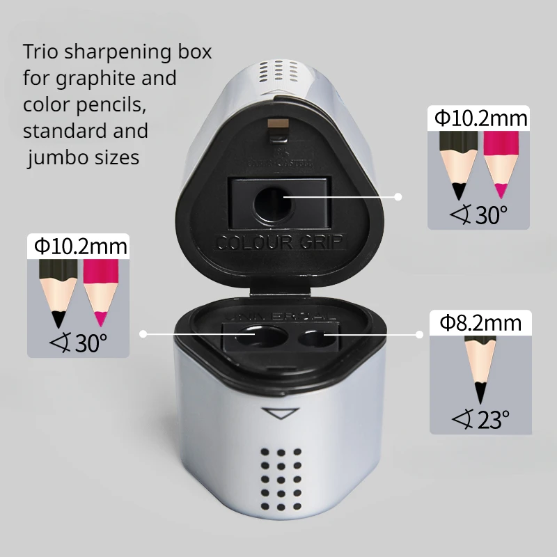 Faber-Castell Trio Sharpener Box Grip Silver for Graphite and Color Pencils, Standard and Jumbo Sizes Ergonomic Triangular Shape