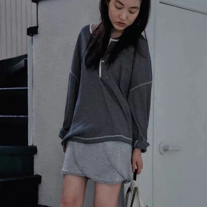 

Корейская женская зимняя модная кофта оверсайз с длинным рукавом, воротником хенли, в полоску, с цветовыми блоками, из утолщенного хлопка