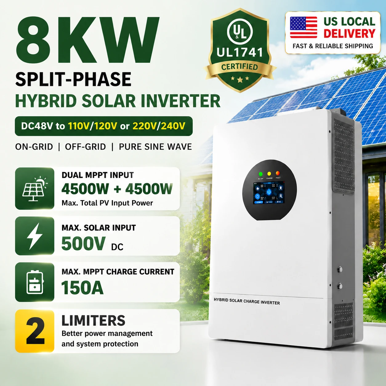 UL1741 Certified 8KW Hybrid Solar Inverter with Dual MPPT PV Input 110V 120V/ 220V 240V Split Phase 150A MPPT Solar Charging 120A AC Charging 500V PV Voltage 48V On/Off Grid Inverter