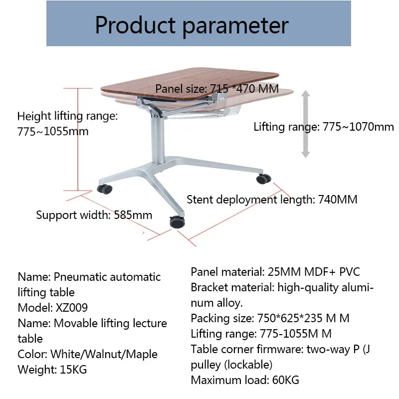 Table élévatrice automatique pneumatique, bureau mobile de chevet, bureau debout pour ordinateur portable, bureau d'entraînement pour podium réglable, XZ009
