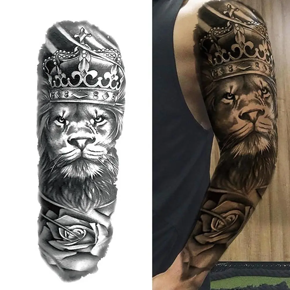 Autocollant de tatouage temporaire étanche pour hommes et femmes, motif de couronne de discussion de tigre, bras complet