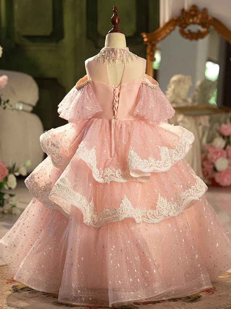 Vestido de encaje de tul para fiesta de cumpleaños de bebé, vestido de tutú de princesa para niños, Bola de flores, niña, pluma, perla, mariposa, flor, boda