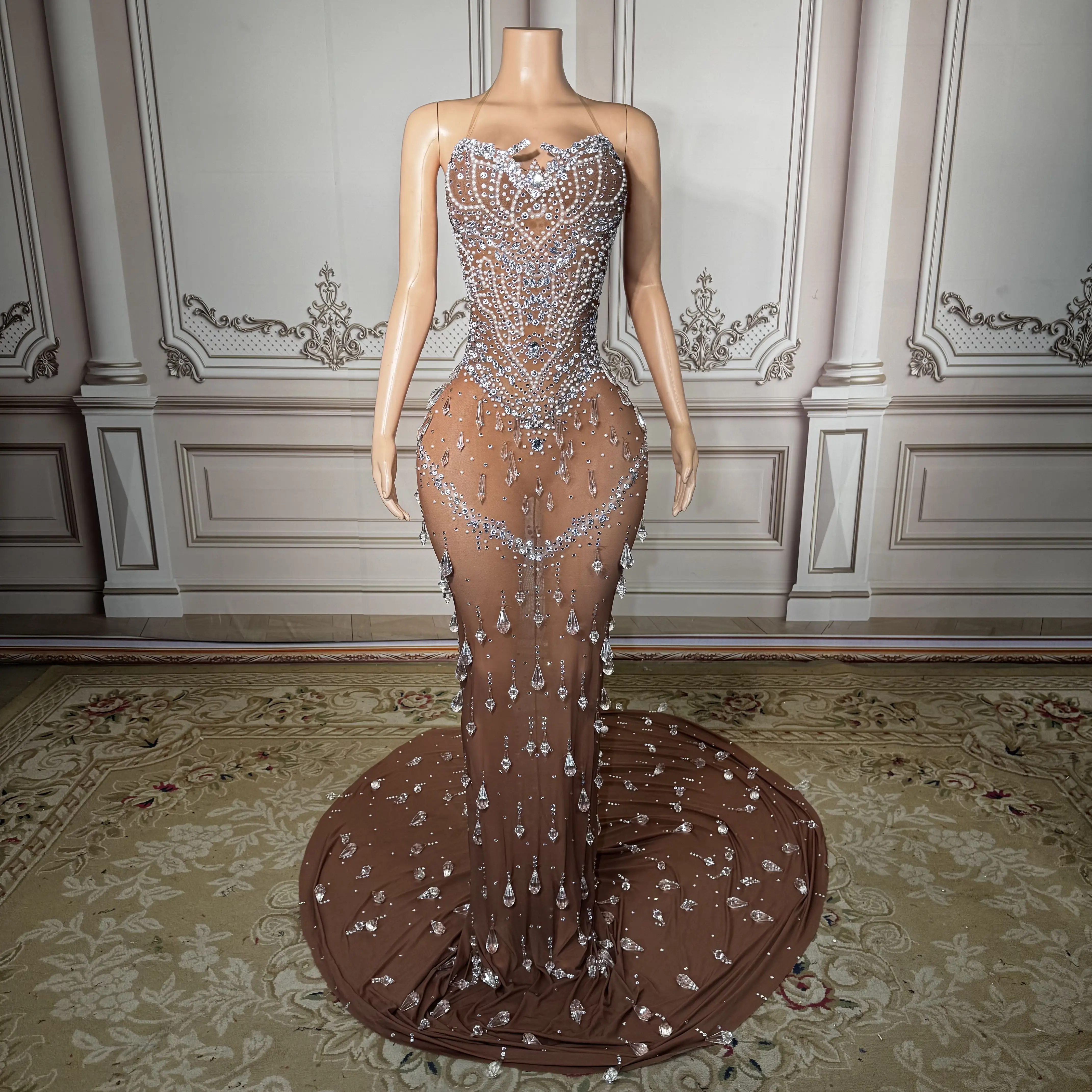 

ZD Sparkling Teardrop Diamond Long Dress Women Sexy Nude Mesh Gown Luxury Rhinestone Evening Party Dress Stage Singer Performanc