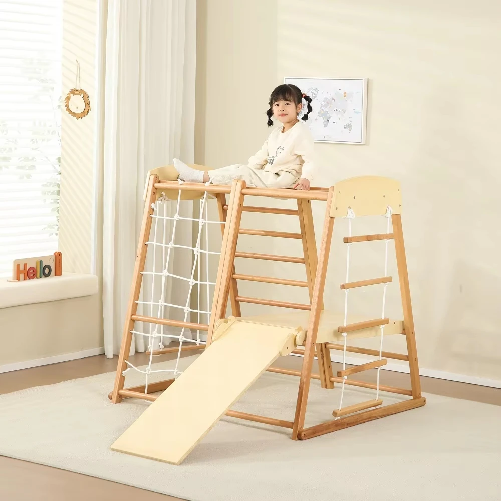 

8-in-1 Indoor Playground Jungle Gym for Toddlers Wood Rope Ladder with Monkey Bar Climbing Wall Slide Wooden Climbing Toys Kids
