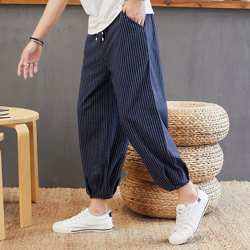

Chinese Style Pure Cotton Loose Men's Striped Casual Lantern Cotton Linen Wide-leg Tying Harem Nine-point Pants JJ394