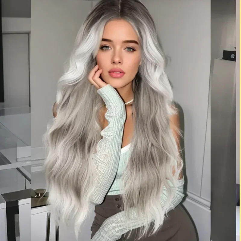 Graue Wasserwelligkeit mit Farbverlauf, langes lockiges Haar, synthetische Perücke aus Chemiefaser |   Hochwertige geschichtete Perücke |   Geeignet für den täglichen Gebrauch