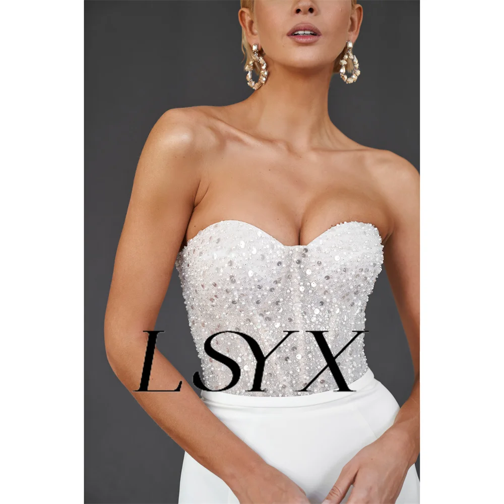 LSYX vestido de novia de sirena sin tirantes con cuentas brillantes, vestido de novia elegante con cremallera trasera, largo hasta el suelo, hecho a medida, dos piezas