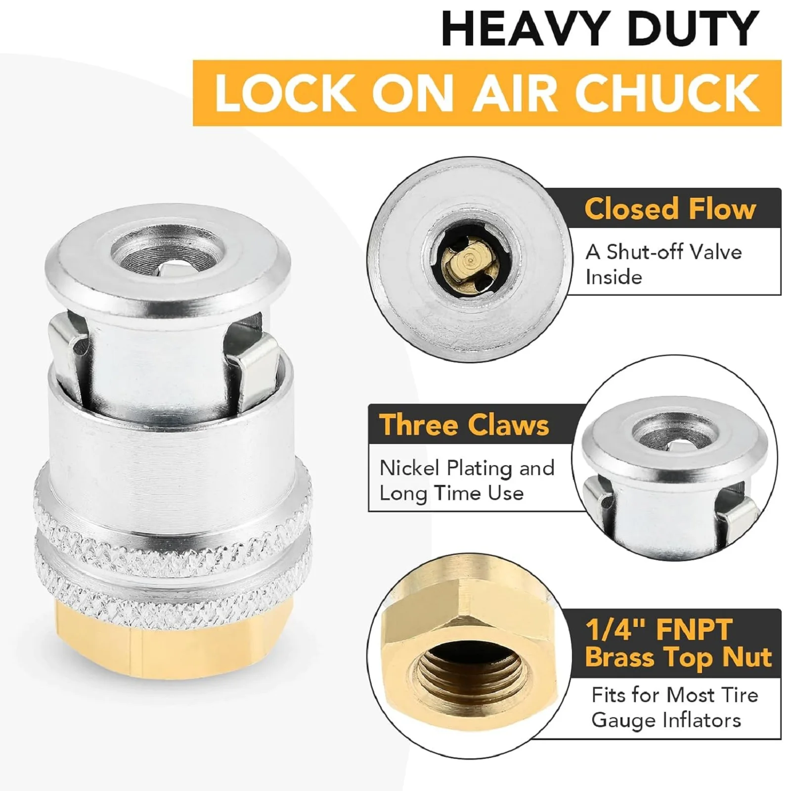 2Pcs Closed Flow Brass Straight Tire Lock on Air Chuck 1/4FNPT Standard Male Quick Plug for Tire Inflator Gauge & Air Compressor