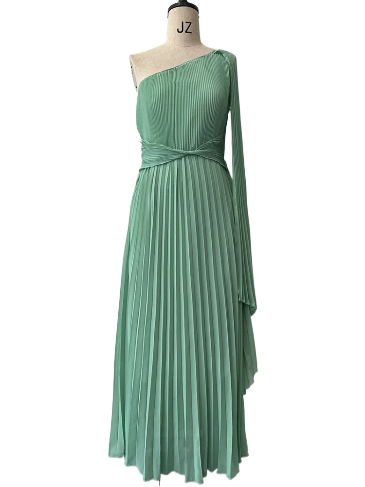 

Elegant Solid Color Pleated One Shoulder Long Chiffon Party Dress