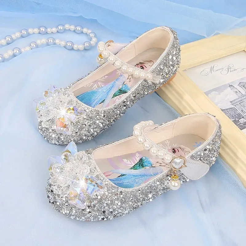 Disney buty dziewczęce mrożone Elsa księżniczka buty z miękką podeszwą letnie dziecięce kryształowe perłowe błyszczące dziewczęce różowe niebieskie