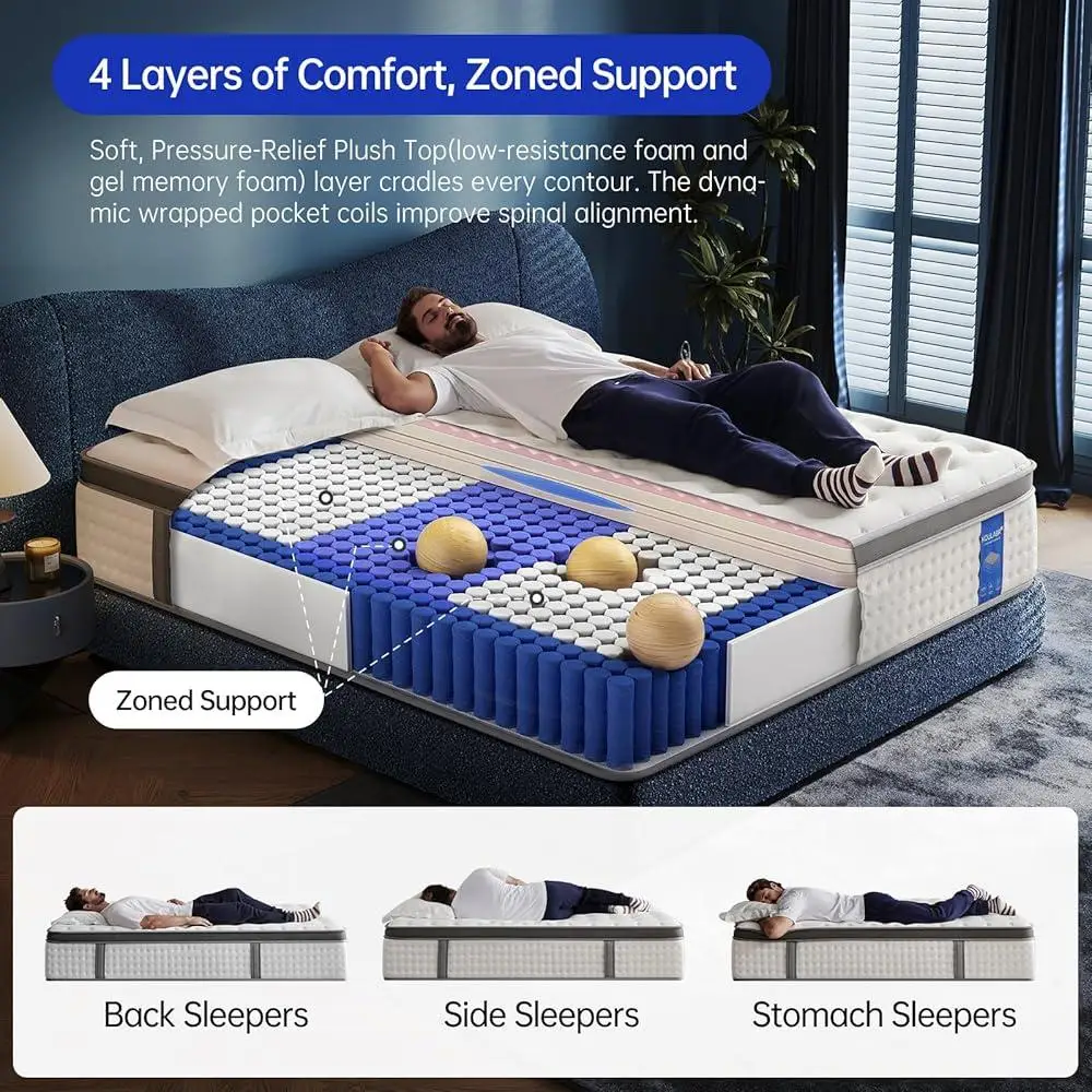 12 Inch King Size Hybrid Mattress Gel Memory Foam Pressure Relief Cooling Sleep Support Pocket Coil Sleep Disturbance Isolation