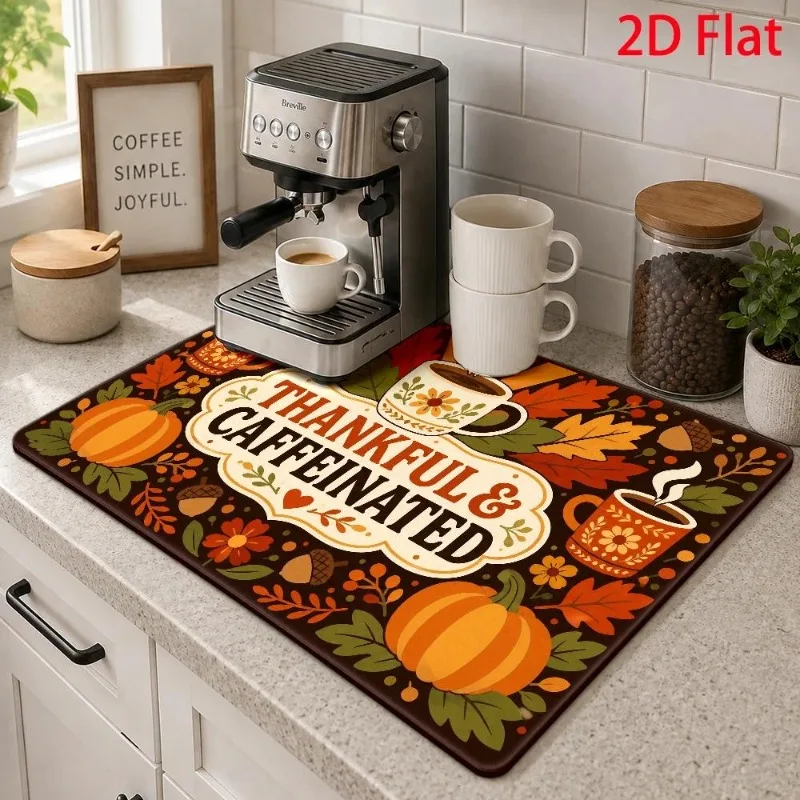Kitchen Drainage Mat 2D Flat Thanksgiving Pumpkin Cushion Super Absorbent Autumn Leaf Espresso Coffee Machine Support Pad