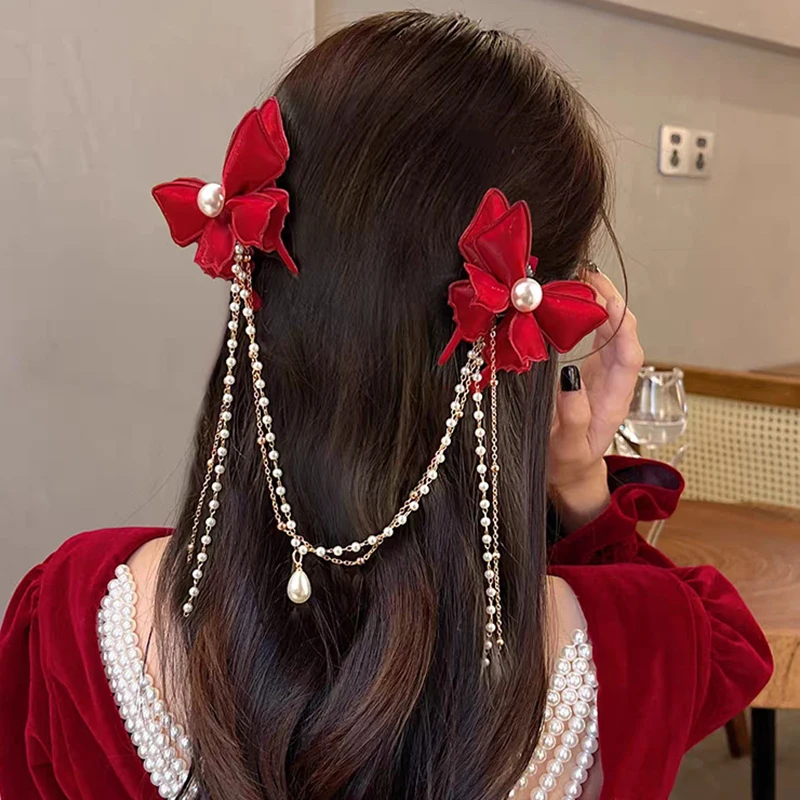 Nieuwjaar Rode Strik Parel Kwastje Ketting Haarspeld Zoete Haar Clip Prinses Haar Clips Voor Meisjes Nieuwjaar Haar Hoofddeksels Accessoires