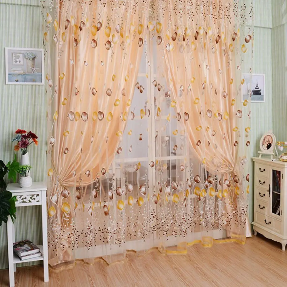 [ Ready Stock ] 1pc only Romantic Tulips Window Voile Curtain Creative Floral Translucent Tulle Door Drape - 3 Colors for Choice