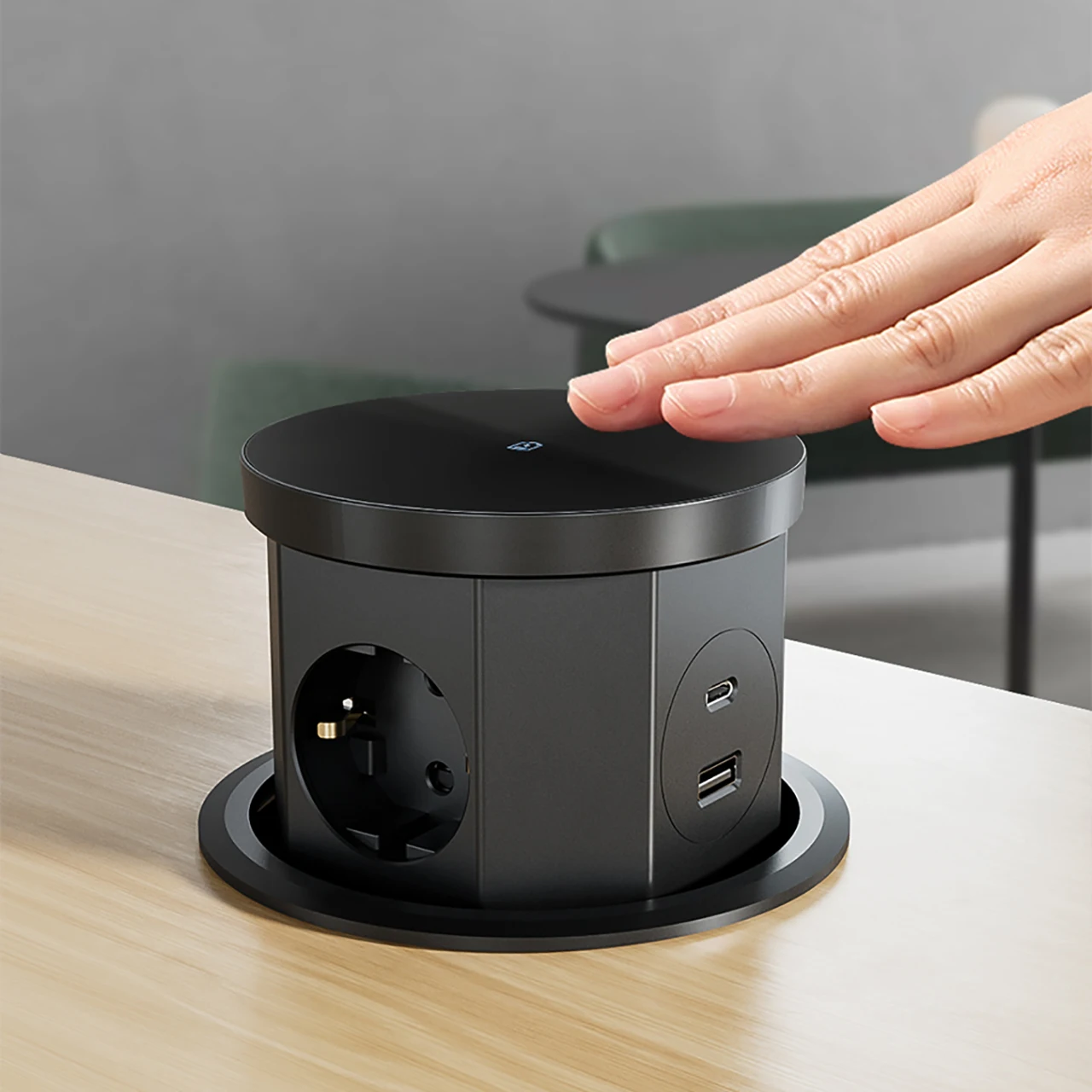Pop Up Table Socket Lifting Socket, USB Type-C Outlet, EU Socket, 15W Wireless Charge, Desktop Hidden Lifting Socket