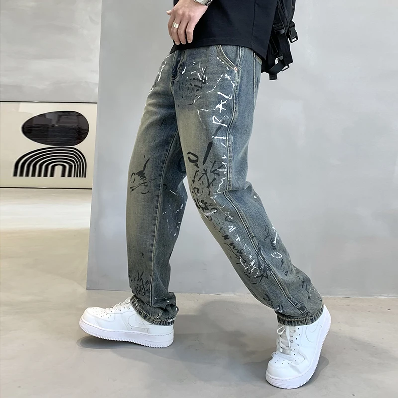 

2024 new retro blue men's straight jeans American washed old personality graffiti printing casual wide-leg pants tide