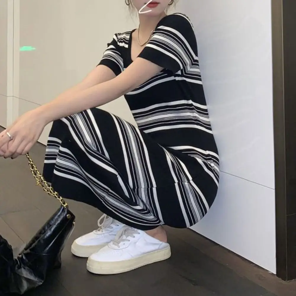 فستان طويل مخطط برقبة مربعة حلوة، ملابس شاطئ بسيطة، فساتين قصيرة الأكمام، فستان محبوك مخطط للفتيات الحارة، فستان صيفي #3