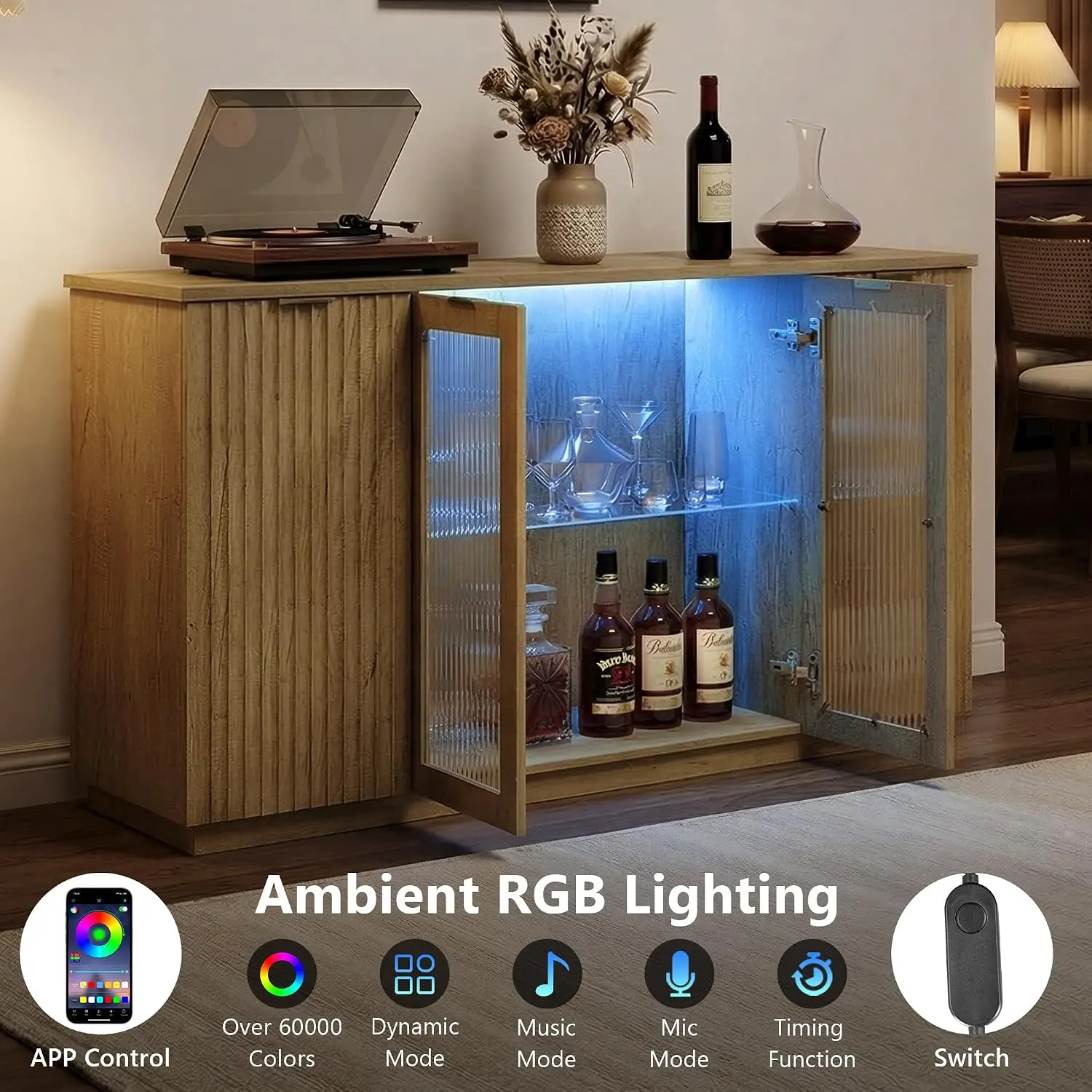 55" Sideboard Buffet Cabinet Glass Doors & LED Lights Storage Adjustable Shelves Coffee Bar Kitchen Living Room Wood, Customized image 4