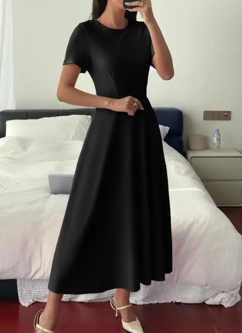 

Slim Fit Women's Dress, Summer Casual Simple Round Neck Waist Cinched A-Line Short Sleeved Dress Suitable for Commuting
