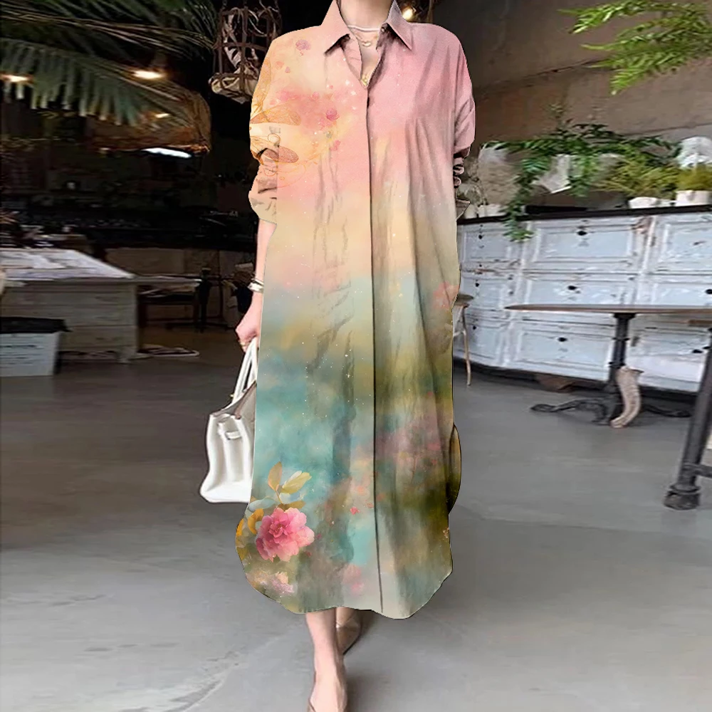 

2024 Women's Shirt Dresses Colourful Floral Print Button Down Blouse Dress Female Casual Loose Fit Lightweight Long Sleeve Dress