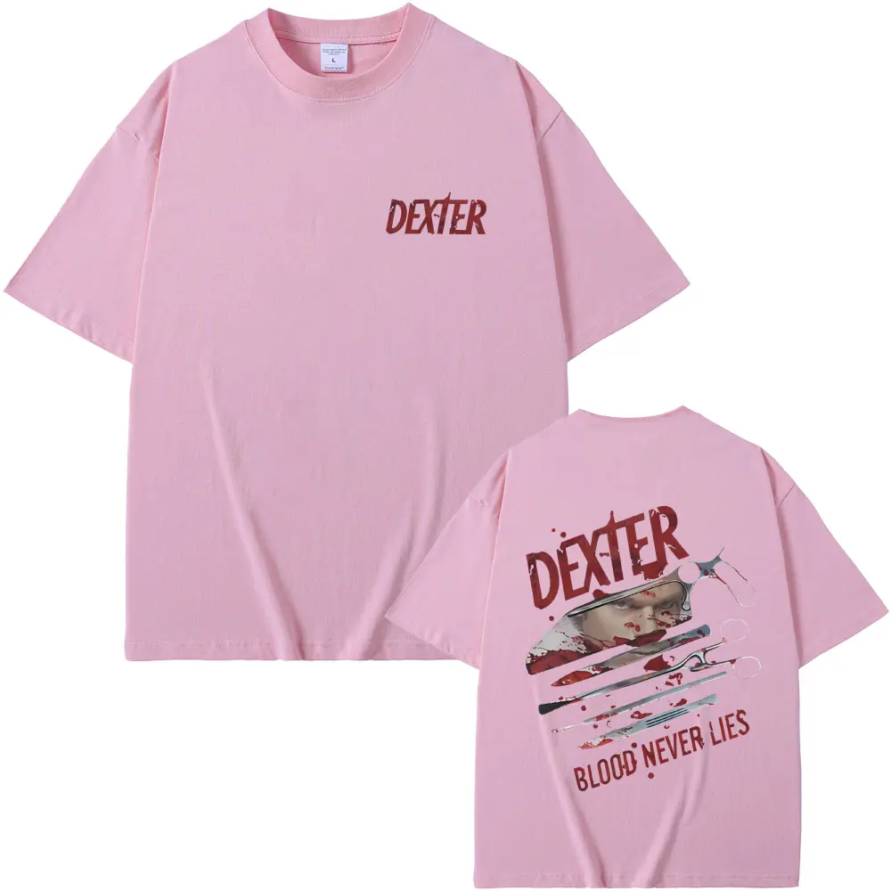 TV Play Dexter Morgan Blood Never Lies Camisetas gráficas Homens Mulheres Roupas Casual Camiseta de algodão masculina Vintage Camiseta de grandes dimensões