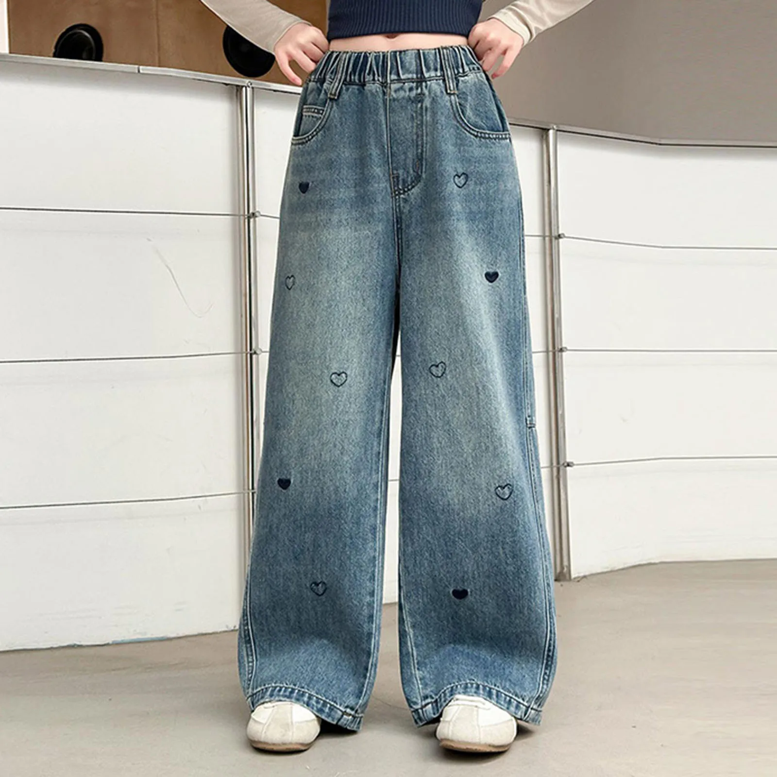 

Softball for Girls Girls Jeans For Middle And Older Children Heart Embroidered Wide Leg Pants Straight Leg Pants Girl Close