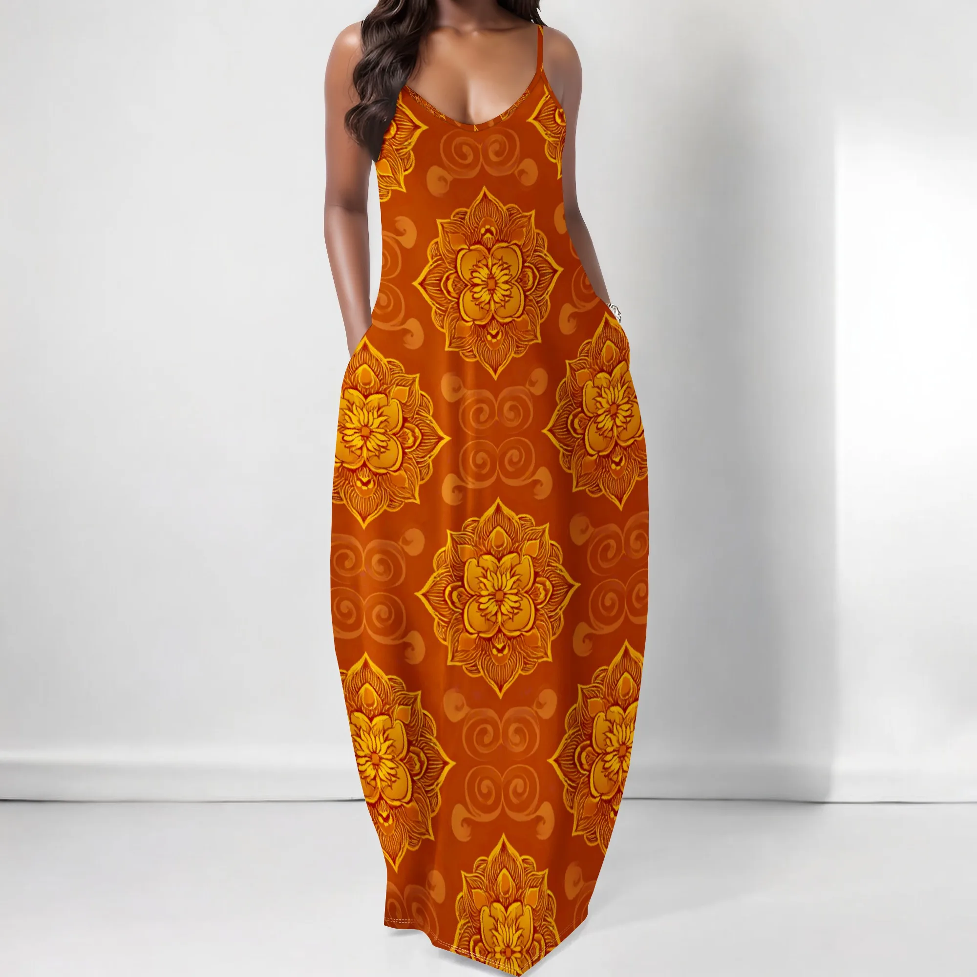 

Mandala Print Boho Women's Summer Cami Maxi Dress V-Neck Spaghetti Strap Pocket Dresses for Diwali Outfit XS-3XL