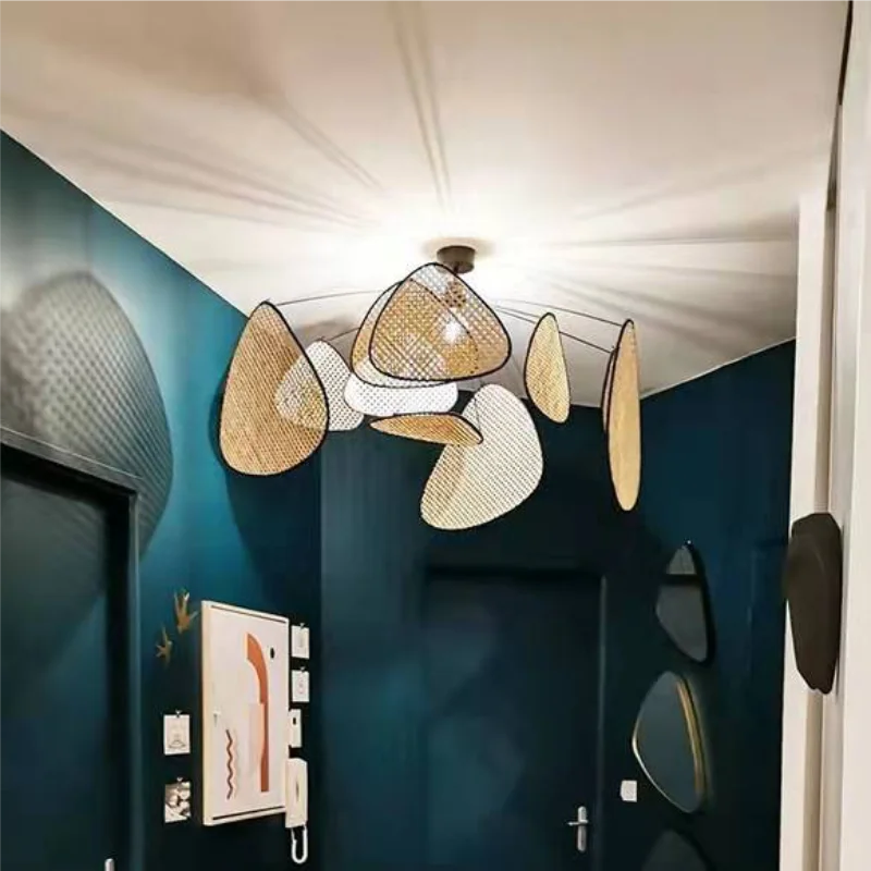 

Modern Leaf Grid Rural Hand Made Rattan Art Screen Chandelier LED E27 Bedroom Livingroom Teahouse Study Ceiling Hanging Lights