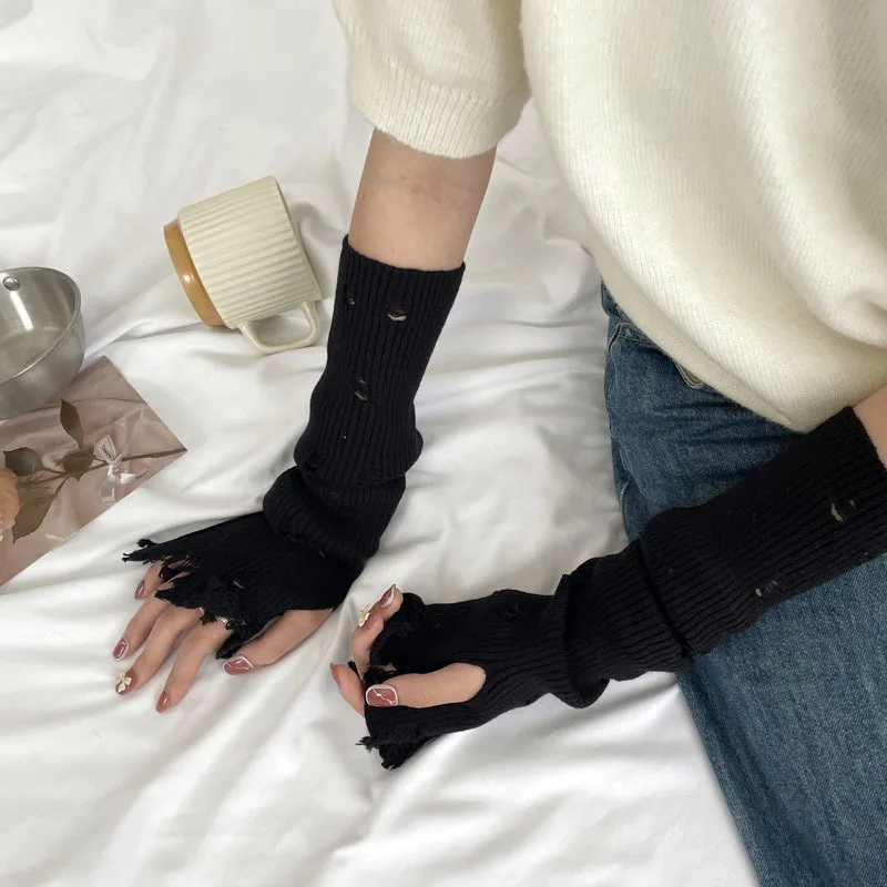 Women Korean Ins Half Glove Y2K Design with Hole Black Knitted  Women's Fashion Dopamine Pure Color Long Sleeves Mitten for Gi