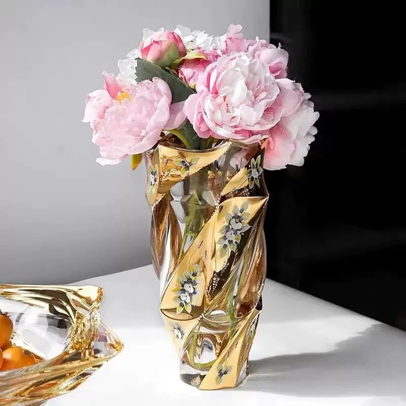 

1Pcs Crystal Glass Vase, Gold Enamel Painted European Style Decoration, Desktop Decoration Vase