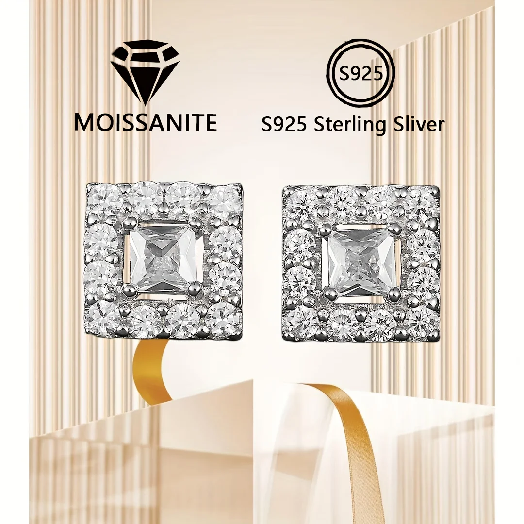 

1 Pair Of 925 Sterling Silver 1-carat Moissanite 3mm Square Cut Earrings, Luxurious And Romantic Design, Suitable For Proposing