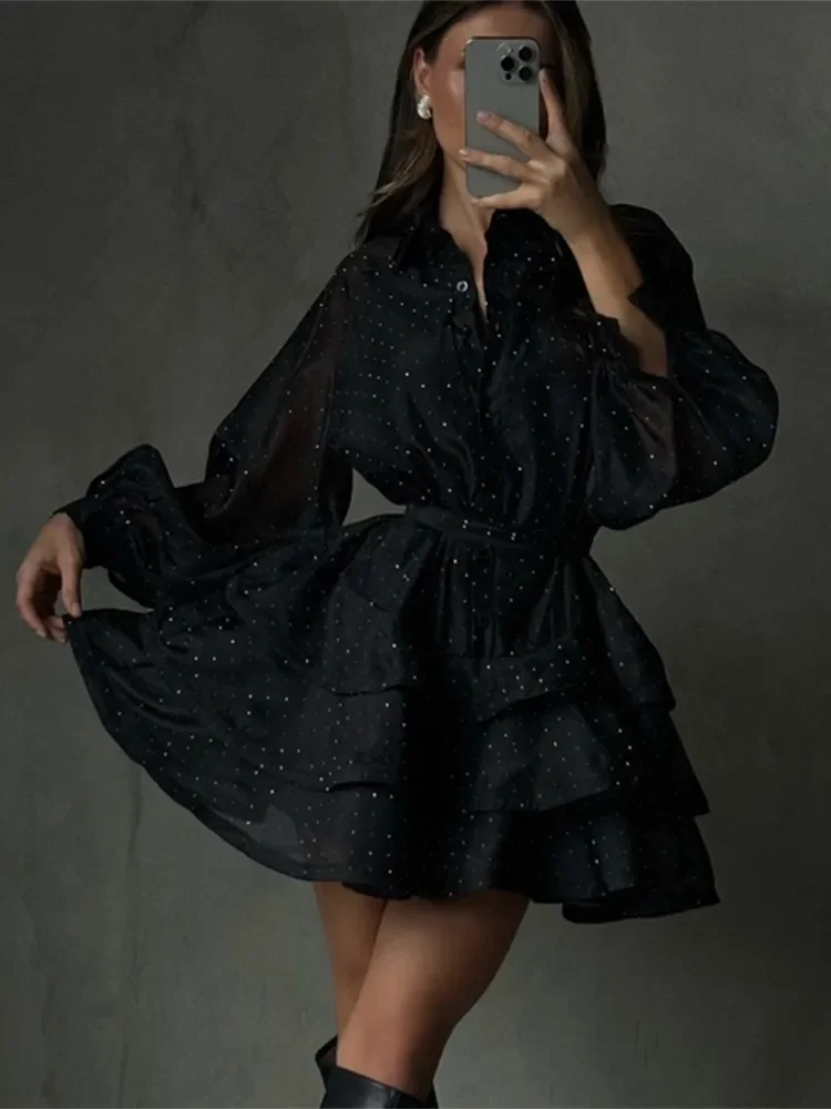 Preto feminino strass a linha mini vestido chique manga cheia cintura alta em camadas plissado vestidos curtos 2025 senhora vestidos de deslocamento diário