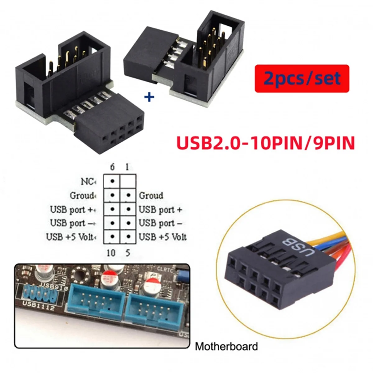 1set Down & Up Angled 90 Degree Male to Female USB 2.0 10Pin 9Pin Header for Motherboard Extension Adapter