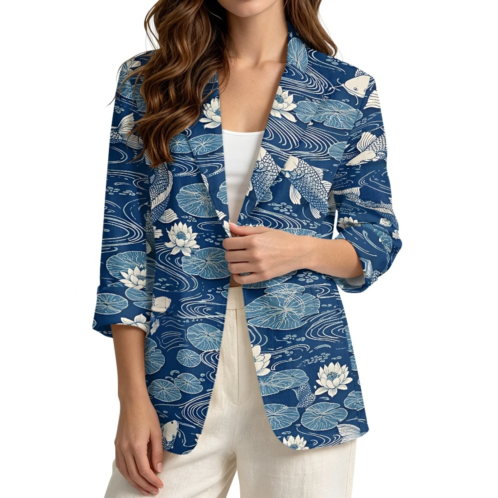 PENSTROLL Koi Lotus Print Linen Style Beach Cover Ups Lightweight Dressy Tops for Daily S-3XL