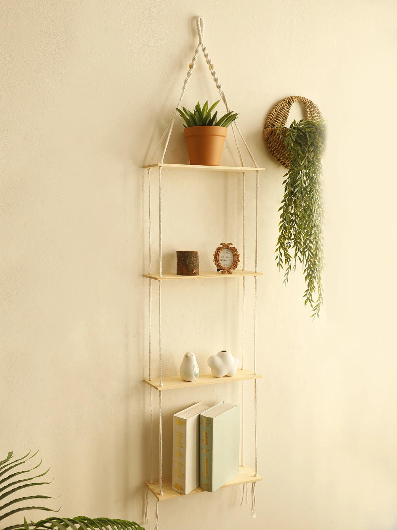 

4 Layer Wooden Shelves Floating Wall Shelf khaki Color Flower Pot Rack Display Stand for Boho Bedroom Home Decoration Room Gift