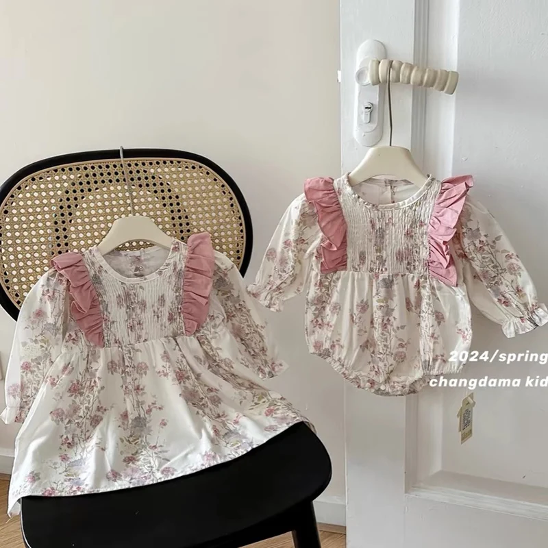 Autumn Sister Clothing Kids Princess Dresses Baby Romper Pink Floral Ruffled Clothing Puff Sleeve Cotton Baby Girl Party Dress