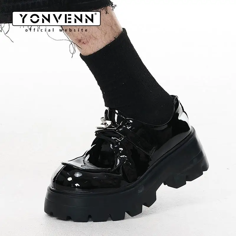 Men's casual leather shoes with metal buckle design formal dress shoes round toe sponge thick sole height increasing Derbies
