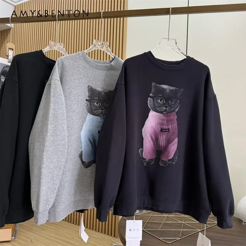 

Winter New European Style Cartoon Printing Loose Oversized Medium And Long Thickened Fleece Top Sweatshirt T-shirt Top Pullovers