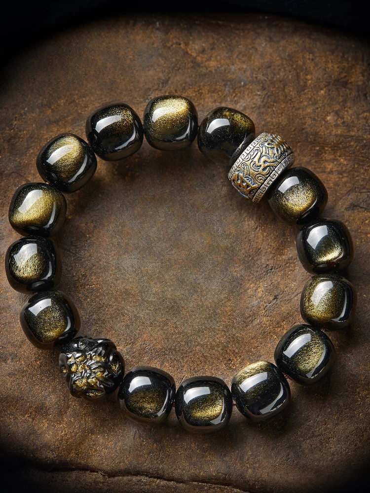 

Bracelet Obsidian Twelve Zodiac Three-in-One Lucky Beads Carved Text Men Women Same Retro Buddha Beads Mid-Autumn Festival Gift