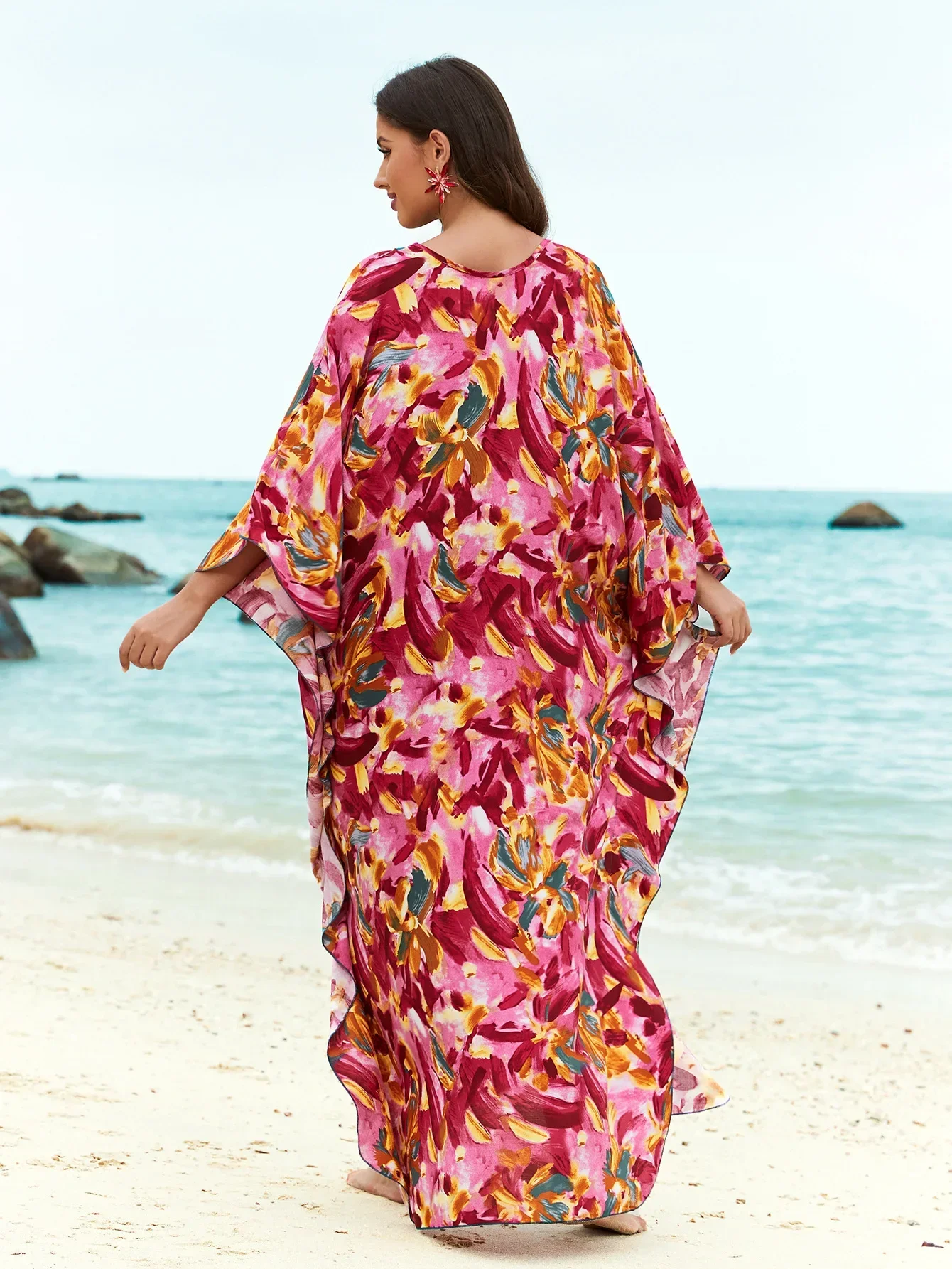 Beach Dresses Floral Printed Maxi Robe V Neck Tie Up Cover Ups for Swimwear Women Holiday Bathing Suits Factory Supply