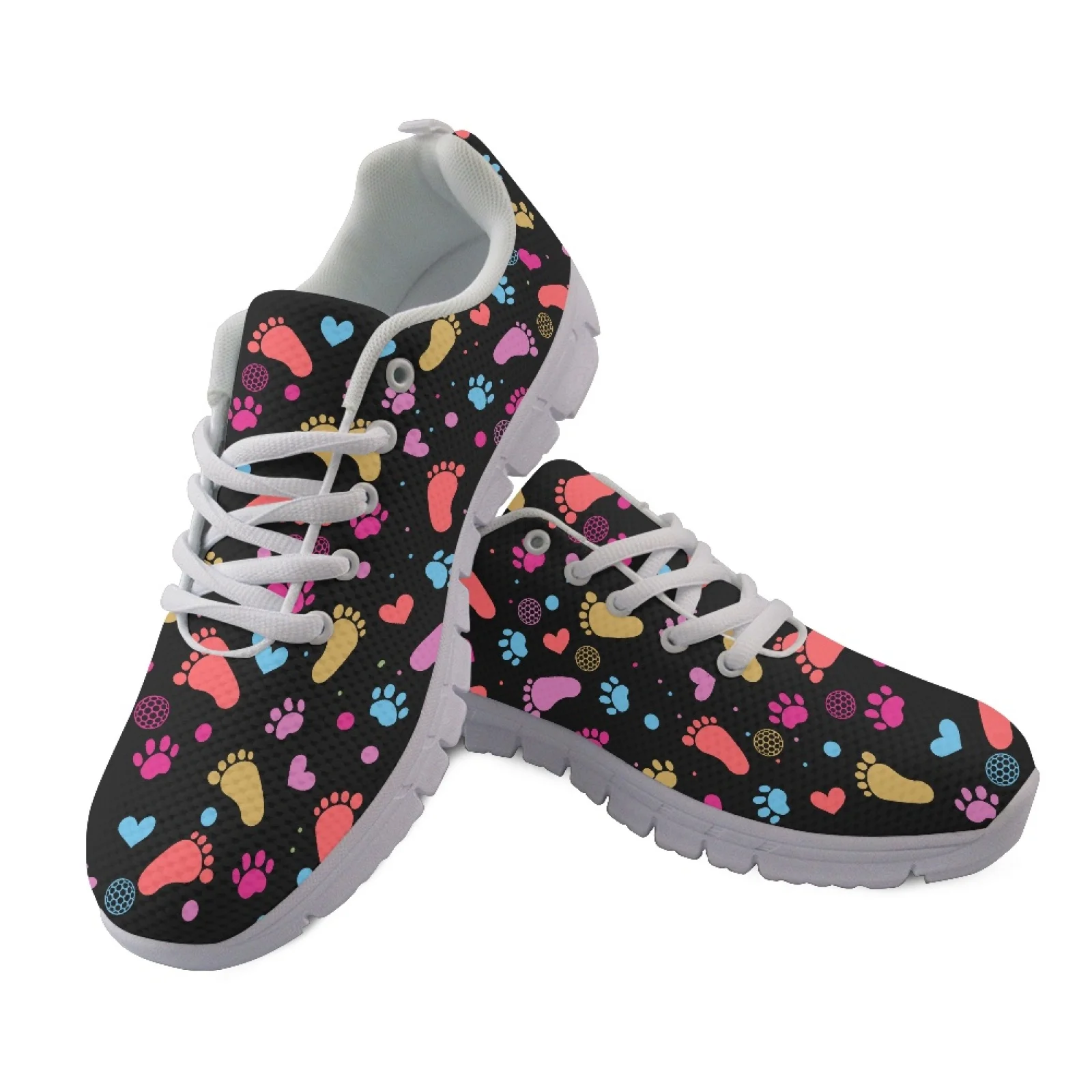 Coloranimal Lace Up Breathable Running Shoes for Women Mens Athletic Trainers for Walking Paw Footprint Heart
