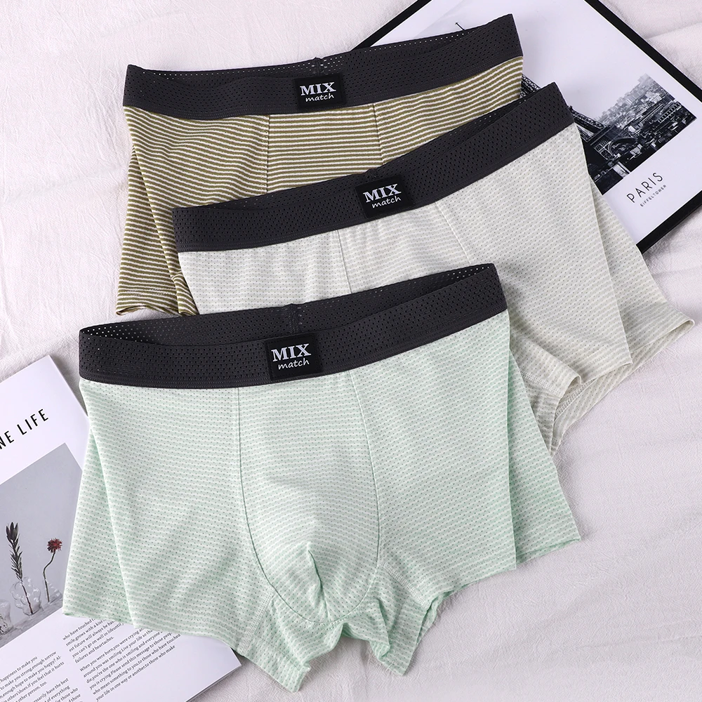 

1/3 PCS Summer Hollow Out Waistband Striped Men's Panties Breathable Mesh Ice Silk Boxers High Elastic Underwear Adults 18 Plus