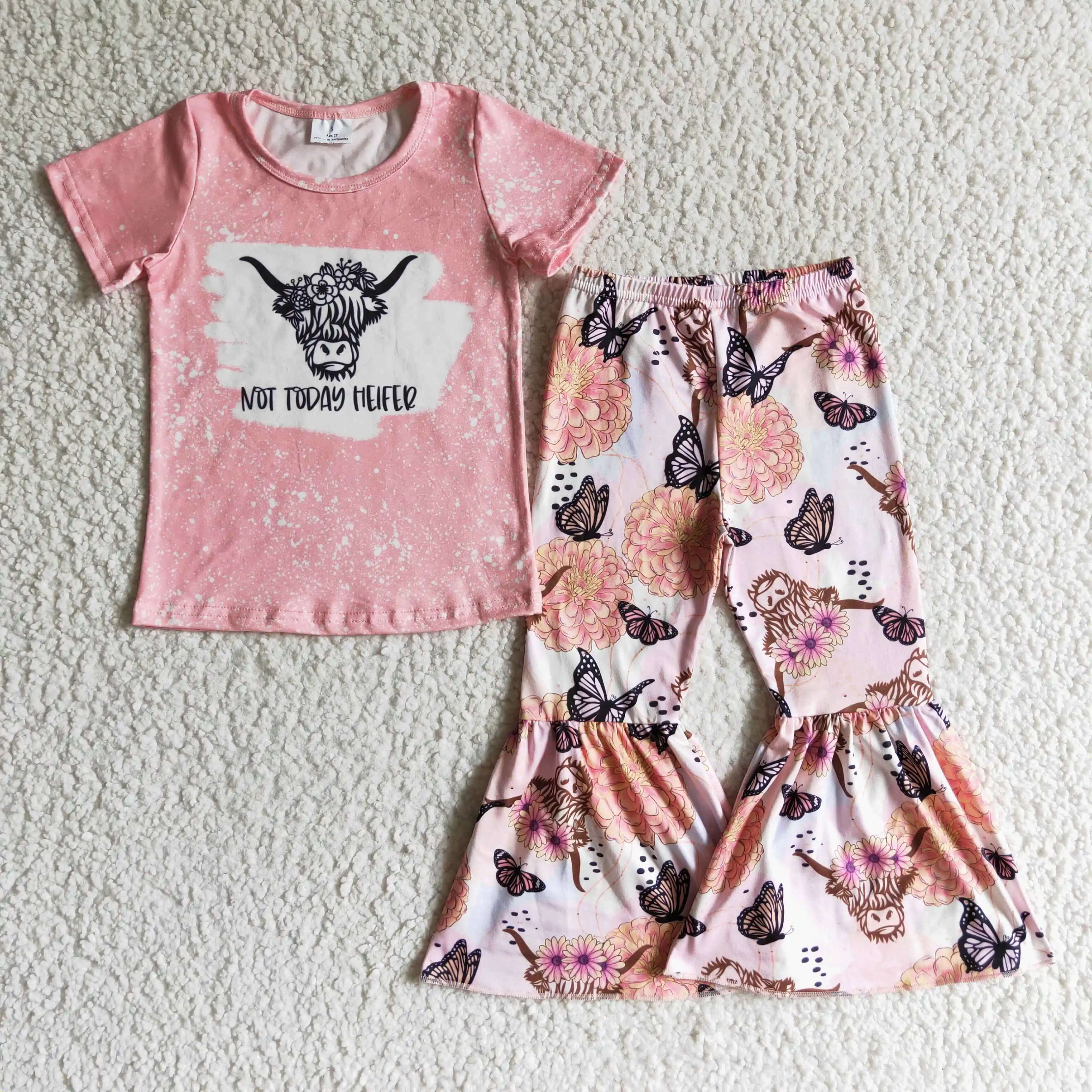 

New updated wholesale RTS butterfly print 2pcs pink children clothes suits child baby clothing outfits kids girls floral sets